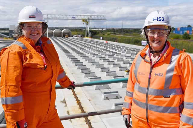Hartlepool MP Jill Mortimer (left) with Ruth Todd CBE, Chief Commercial Officer, HS2 Ltd at the STRABAG factory./Photo: Frank Reid
