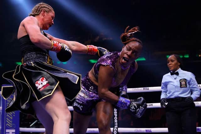 Franchon Crews-Dezurn trades punches with Elin Cederroos of Sweden for the World Super Middleweight Title at Madison Square Garden on April 30, 2022. (Photo by Sarah Stier/Getty Images)