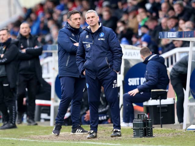 Hartlepool United manager John Askey and assistant Mark Goodlad pictured at the Suit Direct Stadium. (Photo: Mark Fletcher | MI News)
