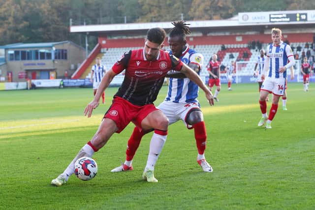 Theo Robinson was part of a front three for Hartlepool United at Stevenage. (Credit: John Cripps | MI News)