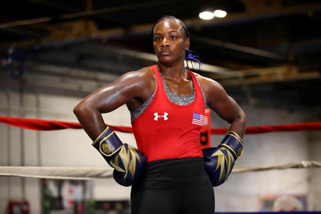 Claressa Shields works out during a pre-fight media workout at the Downtown Boxing Gym on October 02, 2019 in Detroit, Michigan.