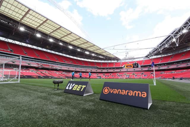 General view inside the stadium ahead of the Vanarama National League Play Off Final match between Harrogate Town and Notts County at Wembley Stadium on August 02, 2020 in London, England. (Photo by Catherine Ivill/Getty Images)