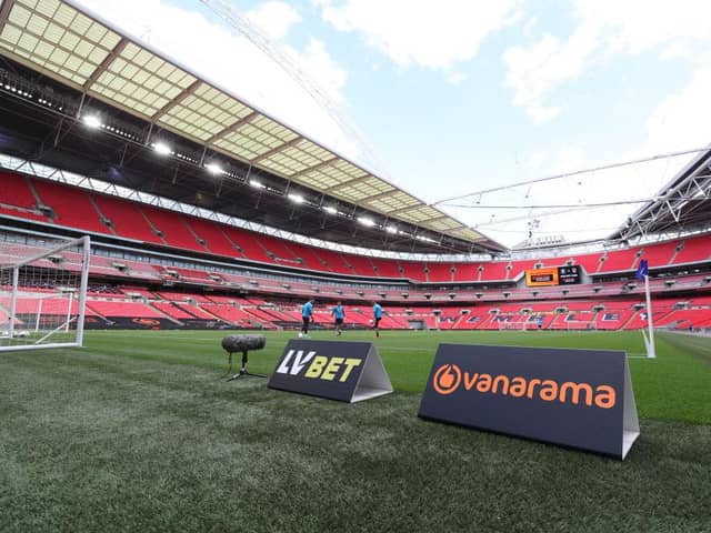 General view inside the stadium ahead of the Vanarama National League Play Off Final match between Harrogate Town and Notts County at Wembley Stadium on August 02, 2020 in London, England. (Photo by Catherine Ivill/Getty Images)