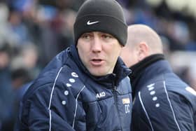 Hartlepool United manager Dave Challinor   during the Vanarama National League match between Hartlepool United and Notts County at Victoria Park, Hartlepool on Saturday 22nd February 2020. (Credit: Mark Fletcher | MI News)
