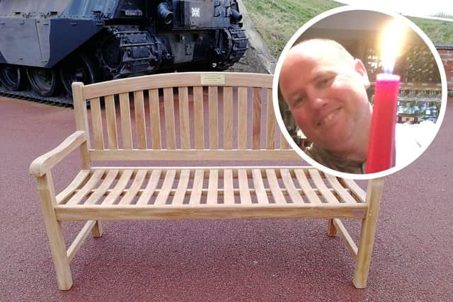 The memorial bench has been donated to the Heugh Battery Museum in memory of volunteer Derrick Smith (inset).