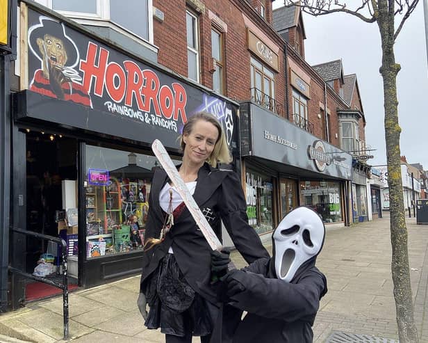 Suzy Deakin and her son Jax outside her new shop, the Horror Asylum, in York Road, Hartlepool. Suzy sells a range of horror memorabilia including skulls, gothic items and collectables all the way from 1920’s stars Laurel and Hardy.