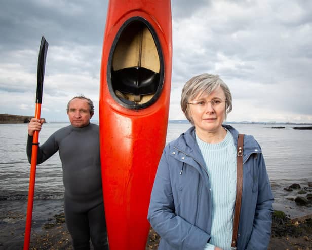 Monica Dolan as Anne Darwin and Eddie Marsan as John Darwin in 2022 drama The Thief, His Wife and the Canoe, which was filmed in Hartlepool.