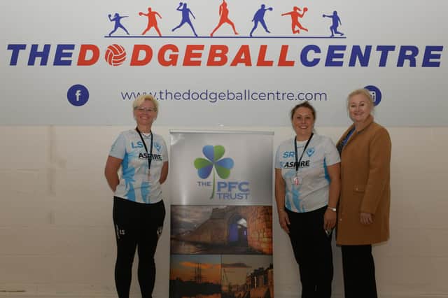 Dodgeball coaches Lucie Stott and Stephanie Robson with PFC Trustee and secretary Sally Dunne.