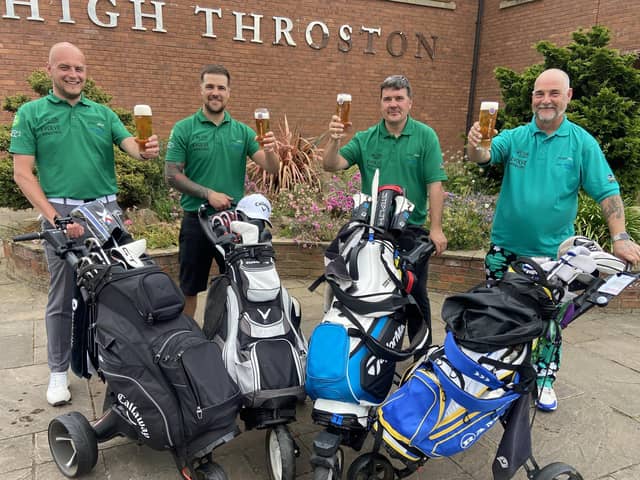 Ian Bolton (right) with fellow golfers (left to right) Michael Lamb, Liam Bolton and Mally Bolton as they celebrate the end of Macmillan's Longest Day Golf Challenge. Picture by FRANk REID