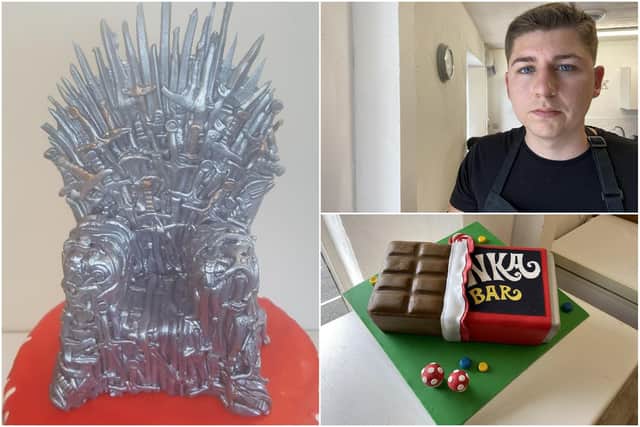 Josh Newton with his Game of Thrones cake topping and one in the shape of a Wonka bar.