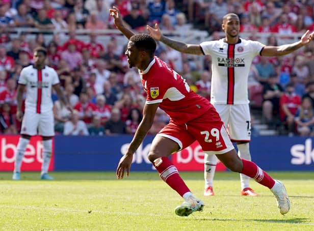 Middlesbrough's Chuba Akpom celebrates scoring his sides second goal during the Sky Bet Championship match at the Riverside Stadium, Middlesbrough.