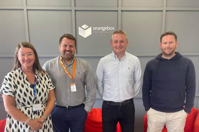 Taken at Orangebox Training Solutions, July 2022. From left to right: Julie Hildreth (Alice House Hospice) Simon Corbett (Orangebox Training Solutions) Paul Fraser (Rephrase PR Media Services) and Gary Riches (Hartlepool College of Further Education).