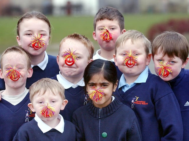 Pupils at Lynnfield Primary School don red noses for Comic Relief in 2005.