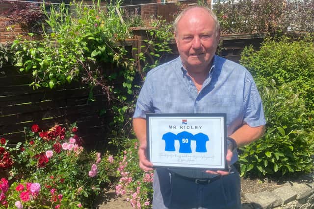 Mr Ridley, who is a Manchester City fan, received a number of thank you presents, including commemorative commentary notes from Clive Tyldsley when Manchester City won the Premier League in 2012.