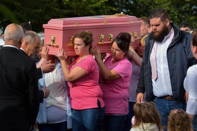 The coffin of three-year-old Kelsey Marie Stokes is carried from St Joseph’s Church, in Galliagh, after her funeral service earlier this week.