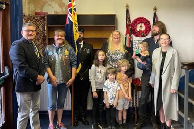 Members of Ian Turnbull's family at the service with Hartlepool Biritish Legion President Ian Simpson (left), standard bearer Andrew Barker and Marion Hall of the British Legion Biker Branch.