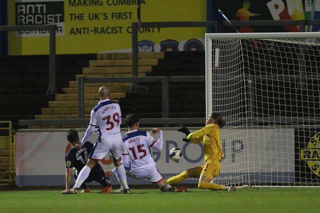 Kristian Dennis scored twice as Hartlepool United were beaten by Carlisle United at Brunton Park. (Credit: Mark Fletcher | MI News)