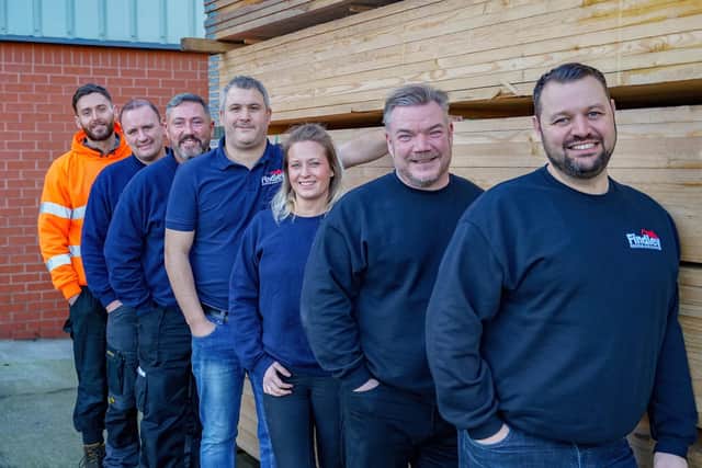 From left to right: Scaffolding manager Ricky Hubber, roofing estimator Ian Snow, roofing estimator Eddie Cox, finance manager Richard McClean, appointments co-ordinator Nicole McQuaker, sales & marketing manager Richie Carrigan and managing director Dean Coombe.
