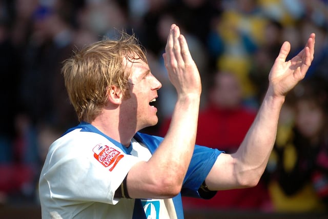 Ritchie Humphreys acknowledges the Hartlepool fans at full time.