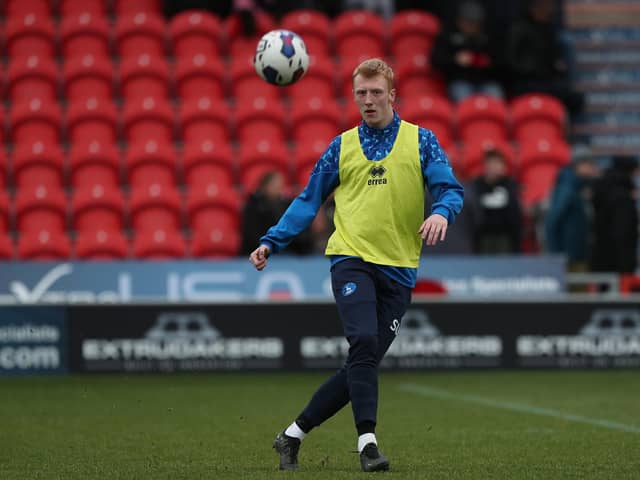 Hartlepool United's Taylor Foran warms up ahead of the League Two match with Doncaster Rovers. (Credit: Mark Fletcher | MI News )