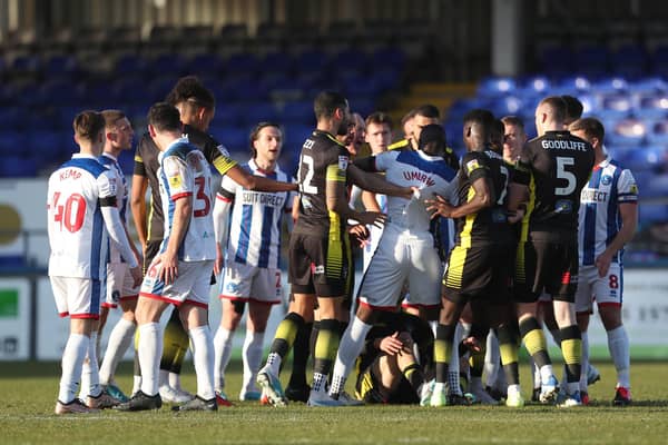 It was a physical contest between Hartlepool United and Sutton United. (Photo: Mark Fletcher | MI News)