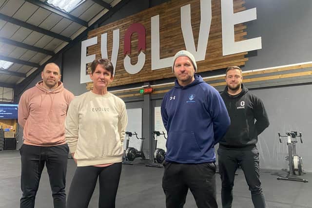Left to right: Evolve co-owner, Matty Richardson, manager Janine Gilhespy,  First Team Physiotherapy owner Ian Buster Gallagher and Evolve co-owner David Manson. Picture: Rephrase