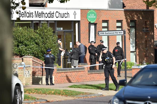 Armed police officers outside the Belfairs Methodist Church in Eastwood Road North, Leigh-on-Sea, Essex. Picture: PA.