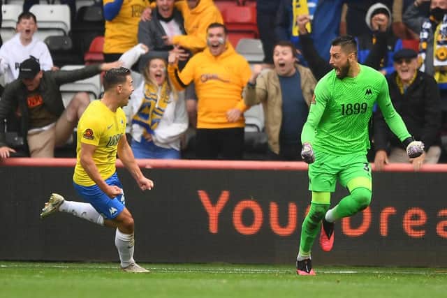 Lucas Covolan scored a dramatic equaliser for Torquay United in the National League promotion final (Photo by Harry Trump/Getty Images)