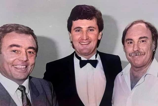 Ian St John (left) pictured with Paul ‘Goffy’ Gough (centre) and Jimmy Greaves at one of the after-dinner football shows.
