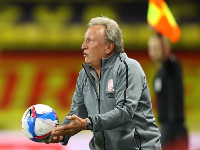 WATFORD, ENGLAND - SEPTEMBER 11: Neil Warnock, Manager of Middlesbrough holds the match ball during the Sky Bet Championship match between Watford and Middlesbrough at Vicarage Road on September 11, 2020 in Watford, England. (Photo by Richard Heathcote/Getty Images)