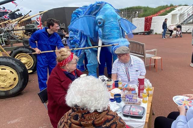 Delilah the Elephant meets Rose and David Scantle and Peggy and Andrea Vasey who were enjoying their picnic at the Heugh Gun Battery during the Queen's Jubilee celebrations at the Headland. Picture by FRANk REID