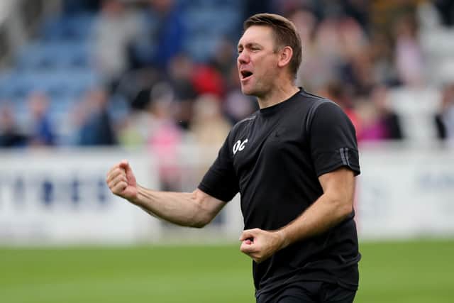 Hartlepool United manager Dave Challinor celebrates after the final whistle  during the Sky Bet League 2 match between Hartlepool United and Walsall at Victoria Park, Hartlepool on Saturday 21st August 2021. (Credit: Mark Fletcher | MI News)