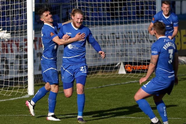 Luke Armstrong of Hartlepool United celebrates after putting his team 3-0 up during the Vanarama National League match between Hartlepool United and Chesterfield at Victoria Park, Hartlepool on Saturday 1st May 2021. (Credit: Chris Booth | MI News)