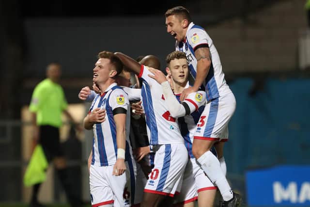 Mark Shelton scored his first Hartlepool United goal of the season in the 3-3 draw with Harrogate Town. (Credit: Mark Fletcher | MI News)