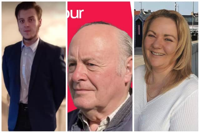 Left to right, Seaton candidates Morgan Barker, David Innes and Sue Little. No images provided for Paul Manley and Stuart Williams.