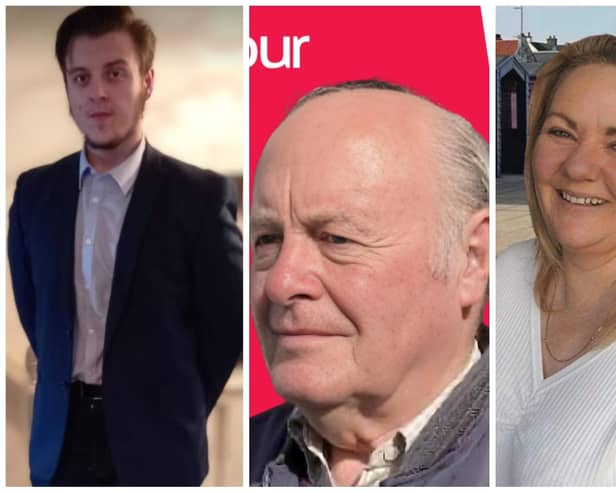 Left to right, Seaton candidates Morgan Barker, David Innes and Sue Little. No images provided for Paul Manley and Stuart Williams.