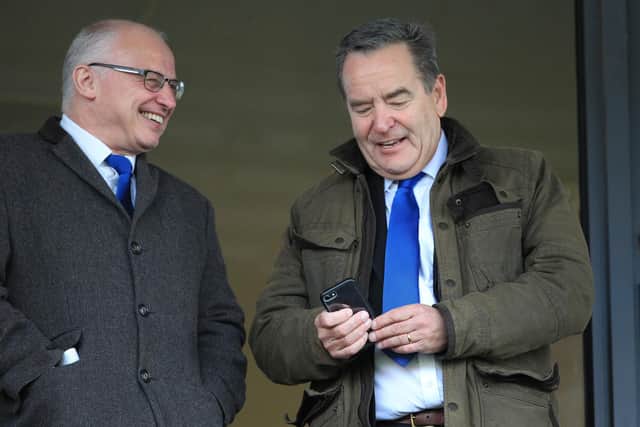 Sky Presenter and Hartlepool United President Jeff Stelling (right) and club director Ian Scobbie (left) during the FA Cup match between Exeter City and Hartlepool United at St James' Park, Exeter on Sunday 1st December 2019. (Credit: Mark Fletcher | MI News)