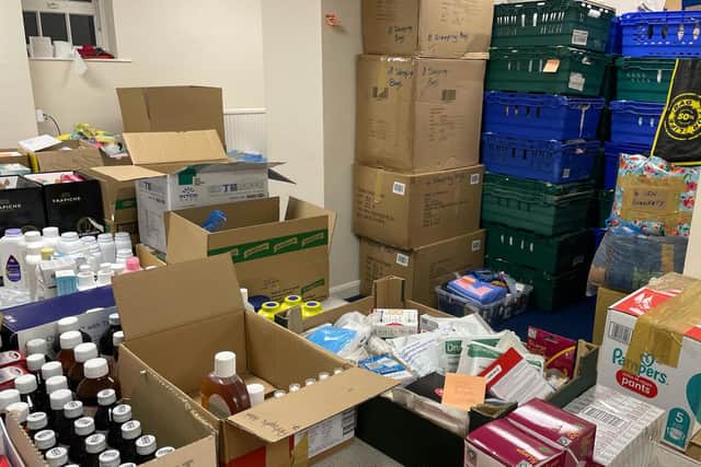 Medical and hygiene supplies which have been donated to help the people of Ukraine.