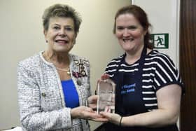 The King's Lord-Lieutenant of County Durham, Sue Snowdon, (left) presents Emily De Brujin, founder and chair of the Hartlepool Baby Bank, with the King's Award for Voluntary Service. This award is the equivalent to an MBE and recognises voluntary groups that have made an outstanding impact in their local community.