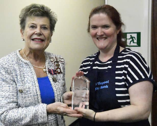 The King's Lord-Lieutenant of County Durham, Sue Snowdon, (left) presents Emily De Brujin, founder and chair of the Hartlepool Baby Bank, with the King's Award for Voluntary Service. This award is the equivalent to an MBE and recognises voluntary groups that have made an outstanding impact in their local community.