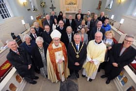 The ceremonial Mayor of Hartlepool Councillor Brian Cowie (front centre) with (left) The Right Reverend Mark Wroe Bishop of Berwick and acting Bishop of Newcastle and (right) Reverend Philip Bullock along with invited guests in the Chapel at the Hospital of God Greatham. Picture by FRANK REID