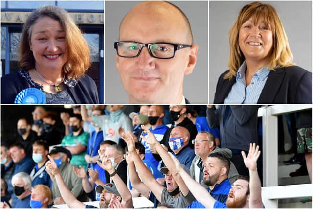 Hartlepool MP Jill Mortimer, (left) council leader Shane Moore and managing director Denise McGuckin have sent good luck messages to Hartlepool United for Sunday's play-off final.