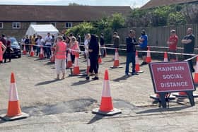 Queues at the Covid jab clinic at St Aidan's Church, in Hartlepool, recently. Picture by FRANK REID