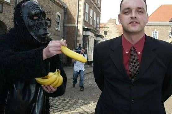 While the idea that the town executed a monkey during the Napoleonic Wars is largely treated as myth, Stuart Drummond, right, Hartlepool United's former monkey mascot, was indeed elected as Mayor of Hartlepool in 2002 before immediately ditching his furry suit.