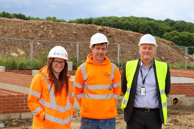 From left, Seymour's Training Academy manager, Donna King, with the 400th learner into work, Chris Harland, and Hartlepool College of Further Education principal, Darren Hankey, at PORT Homes' Seaton Meadows site.