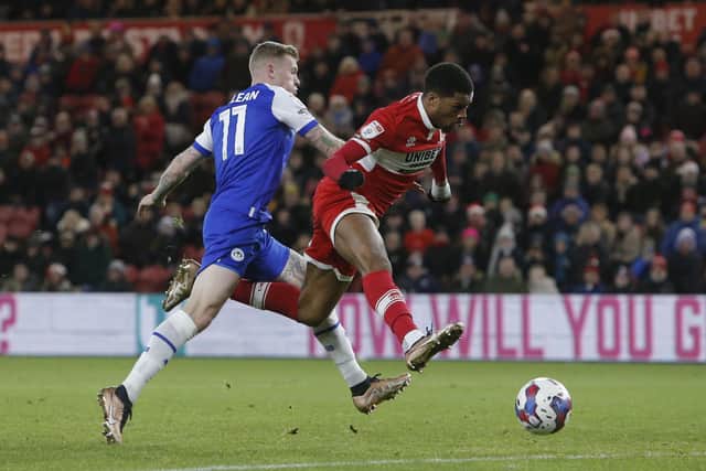 Middlesbrough's Chuba Akpom scores their sides fourth goal during the Sky Bet Championship match at the Riverside Stadium.