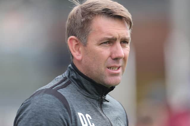Hartlepool United manager Dave Challinor during the Sky Bet League 2 match between Hartlepool United and Walsall at Victoria Park, Hartlepool on Saturday 21st August 2021. (Credit: Mark Fletcher | MI News)