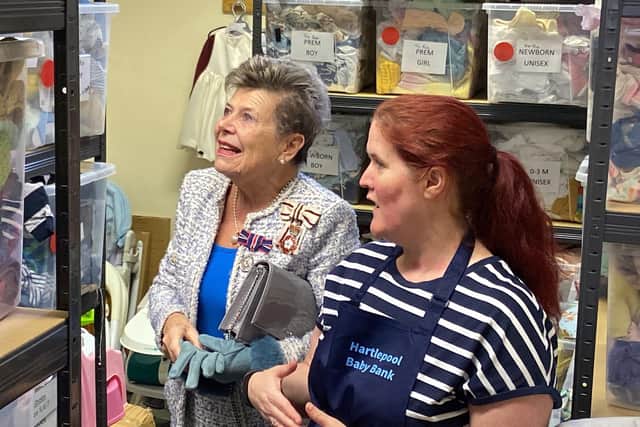 Hartlepool Baby Bank founder Emily De Brujin showing County Durham Lord-Lieutenant Sue Snowdon around in 2024.