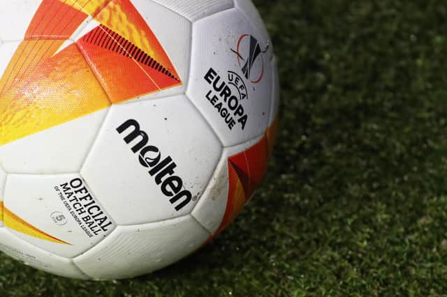 The Molten Uefa Europa League official match football. (Photo by RUSSELL CHEYNE / POOL / AFP) (Photo by RUSSELL CHEYNE/POOL/AFP via Getty Images)