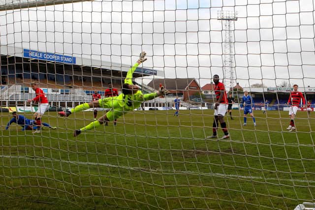 Hartlepool United's Danny Elliot heads their second goal  during the Vanarama National League match between Hartlepool United and Maidenhead United at Victoria Park, Hartlepool on Saturday 8th May 2021. (Credit: Mark Fletcher | MI News)